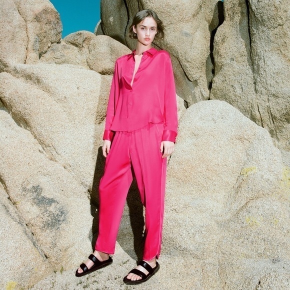 NWT Zara Satin Split Hem Pink Fascia Trousers Pants Pockets Barbiecore Silky - Picture 3 of 12